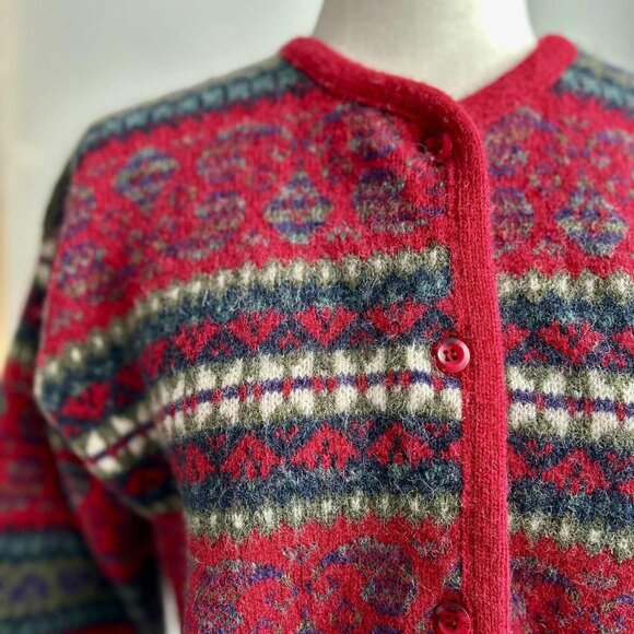 Vintage Sweaters - Vintage Simons Cerise & Multicolor Fair Isle Pure Shetland Wool Cardigan – US L